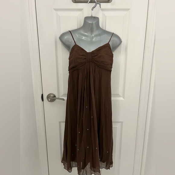 Brown, Silk Dress with Spaghetti Straps and Sequins, Sz 10 - Picture 1 of 12